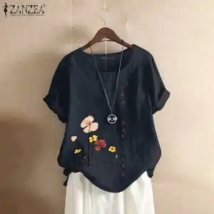 Блузка ZANZEA женская повседневная с коротким рукавом, винтажная туника, топ с круглым вырезом и принтом, рабочая рубашка, размера плюс, на лето