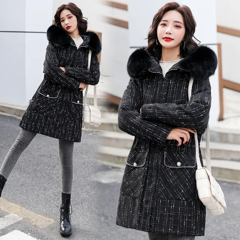 

2021 Fashion Winter Women's School Overcome Medium-long Fur Collar Waist Waist Thin Coat Cotton Jacket Parker Cotton Coat