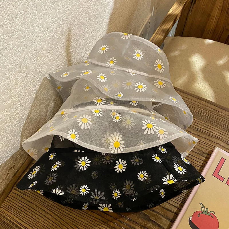 Women Daisies Embroidered Buckets Hat Transparent Lace Flower Beach Hats Daisy Sun Cap Summer