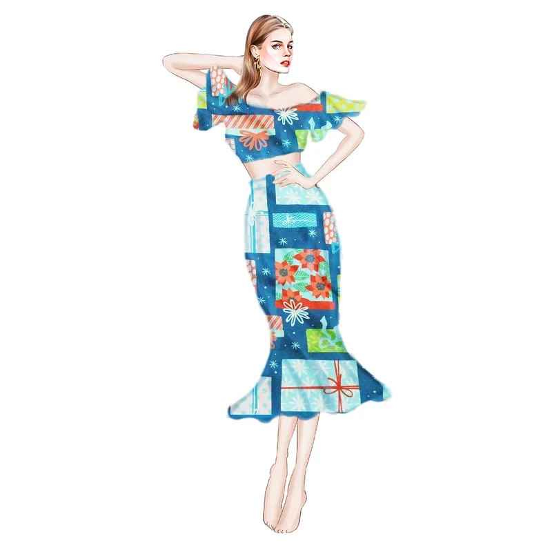 

2021 Summer Women's Fishtail Printed Skirts Mid-Length Party Skirts