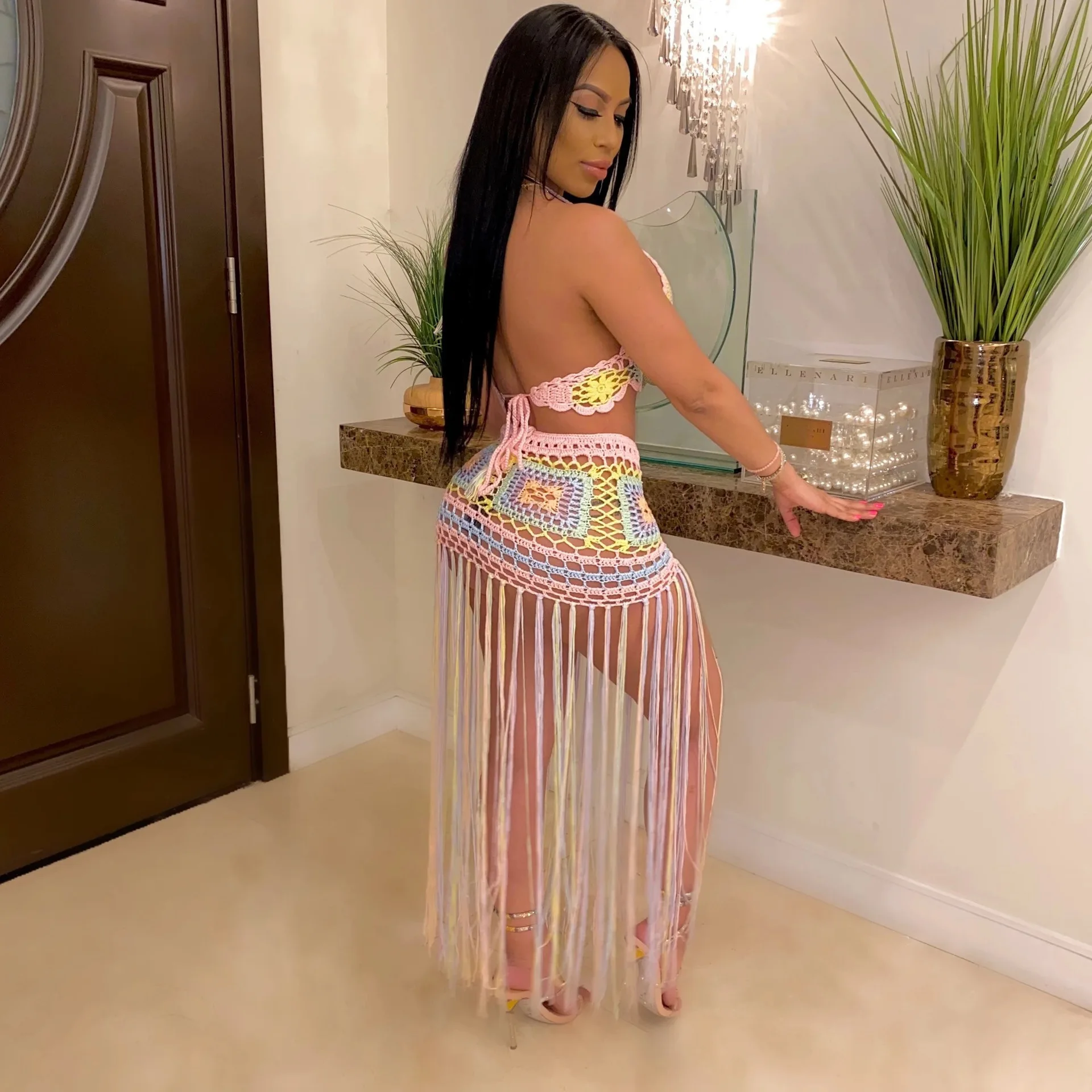 Женский вязаный комплект из двух предметов с юбкой и кисточками пляжный костюм