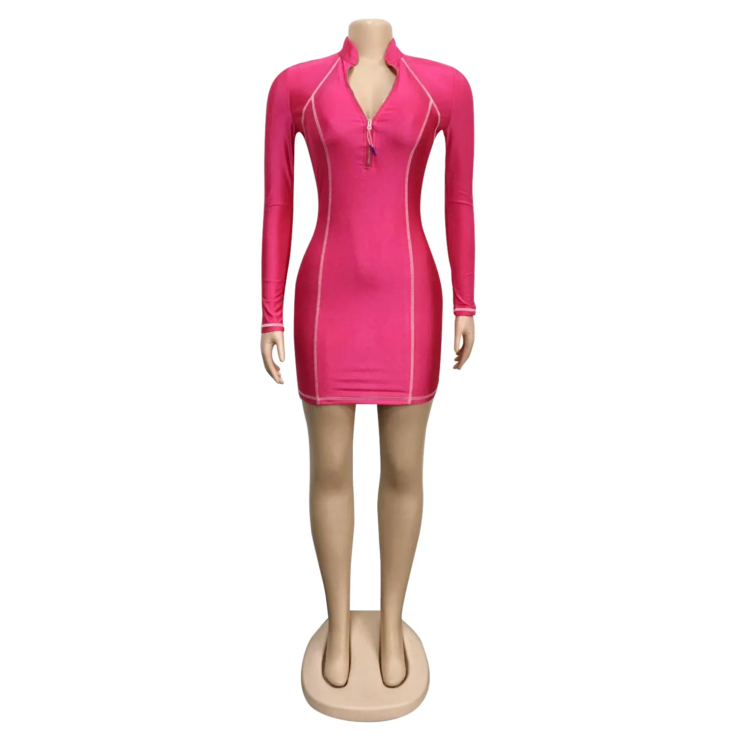 Женское облегающее платье с длинным рукавом V-образным вырезом и молнией |
