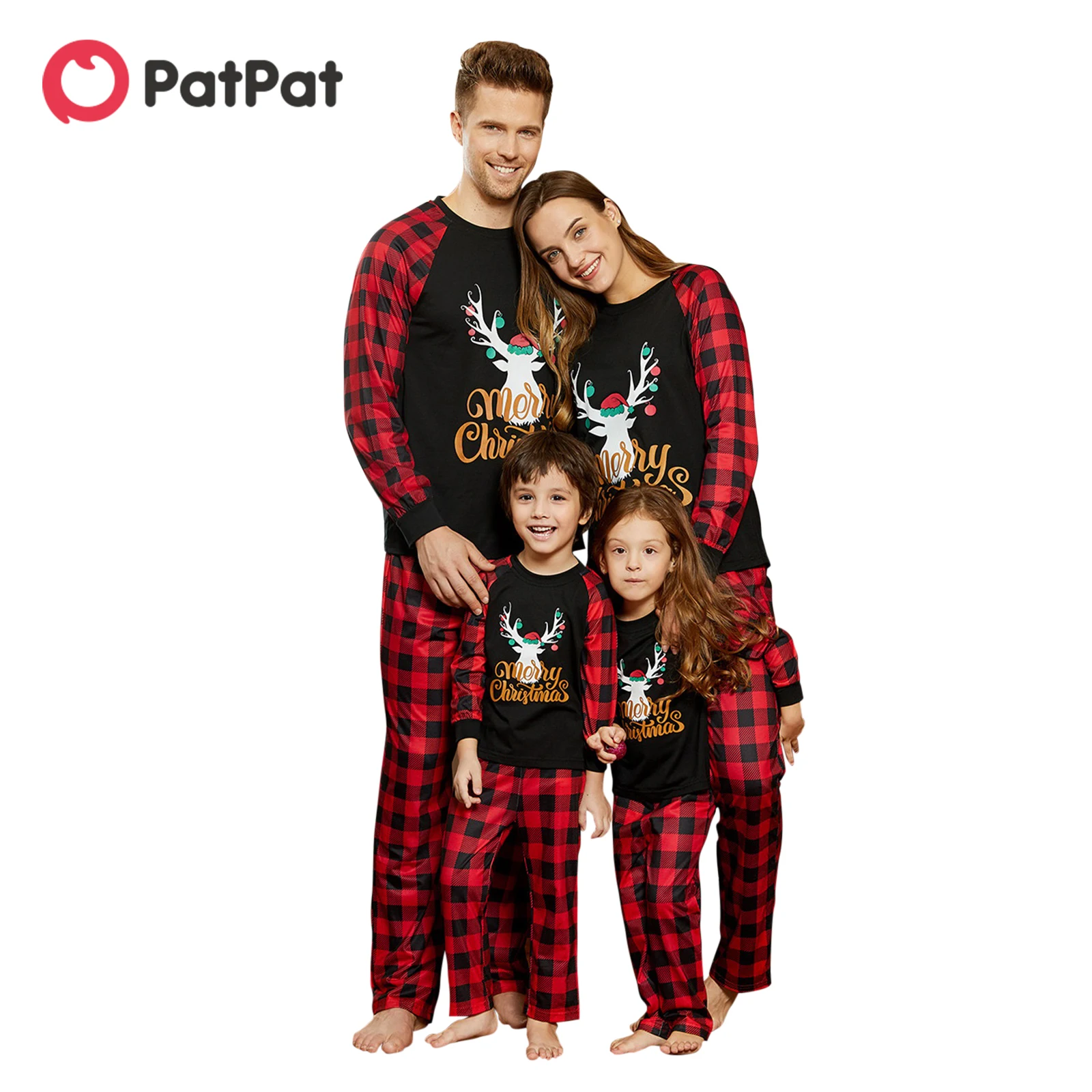 

PatPat Merry Christmas Letter Antler Print Plaid Splice Matching Pajamas Sets for Family (Flame Resistant)