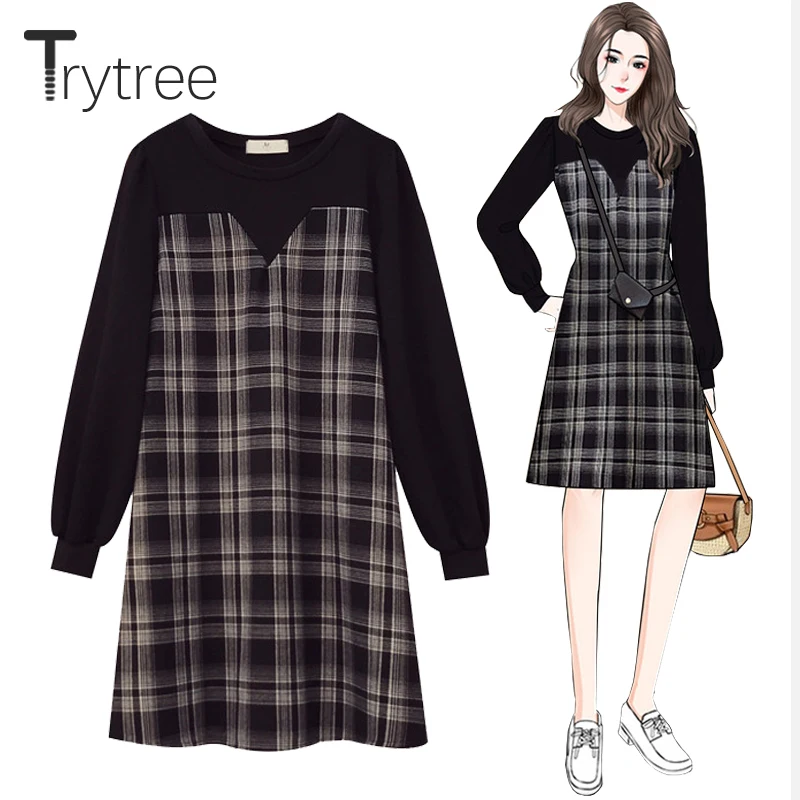 

Trytree 2021 Spring Women's Dress Casual Cotton Blend O-neck Black Sleeve Patchwork Plaid A-line Knee-Length Office Lady Dress