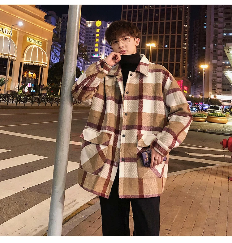 Fashion Mens woolen coat Red Khaki Loose plaid jacket Autumn Spring Winter
