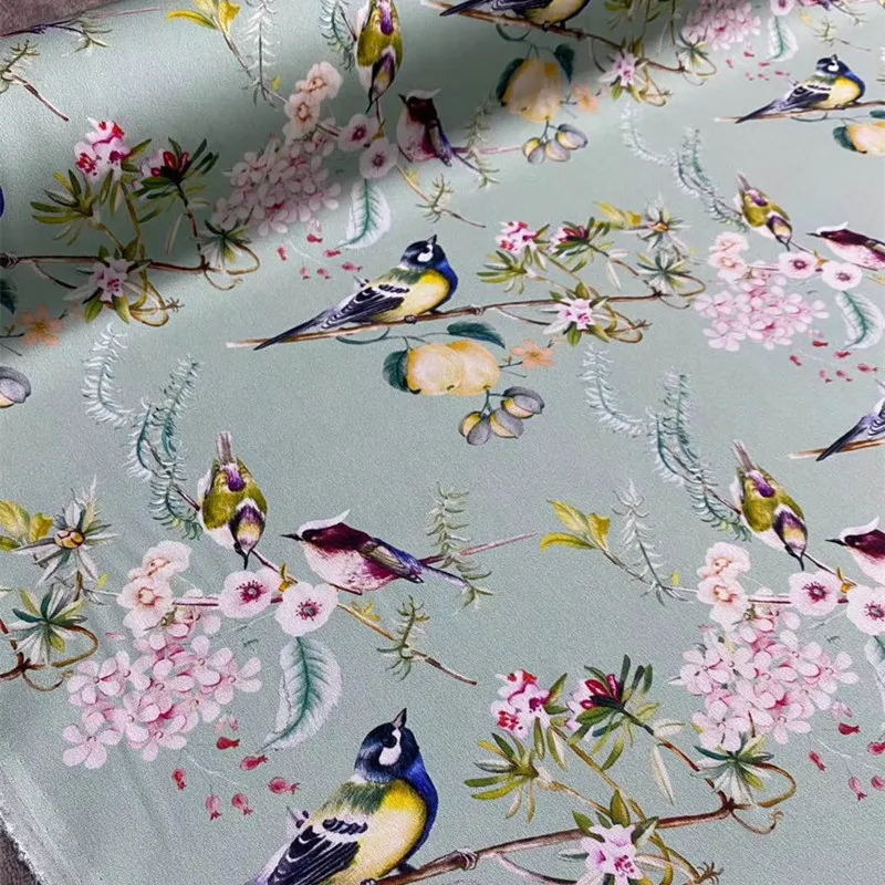 

140cm *100cm 19mm stretch silk fabric bird language floral pattern double Joe shirt dress mulberry silk garment fabric