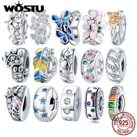 wostu authentic 925 sterling silver zircon flowers beads charms pendant fit bracelets women party diy fine jewelry gift making