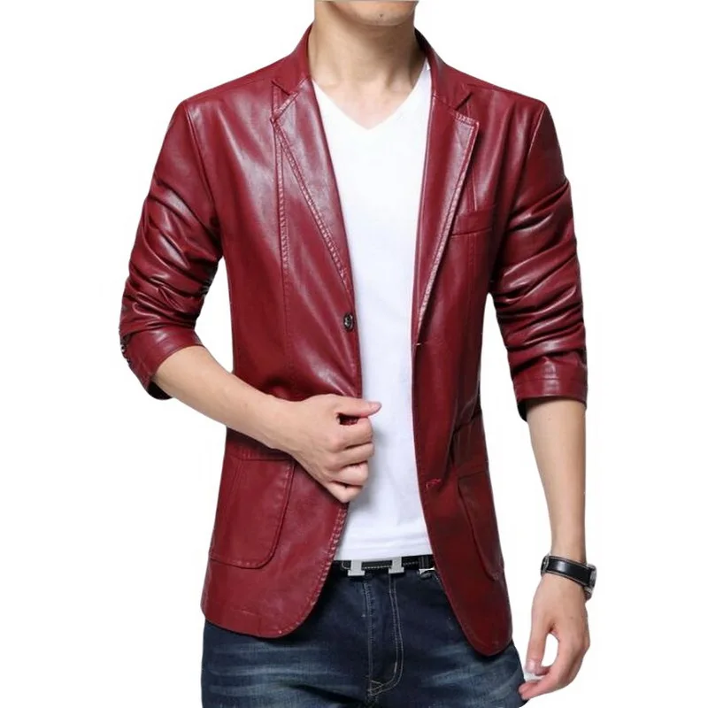 Для мужчин кожаный пиджак костюм Slim Fit Классические из искусственной кожи