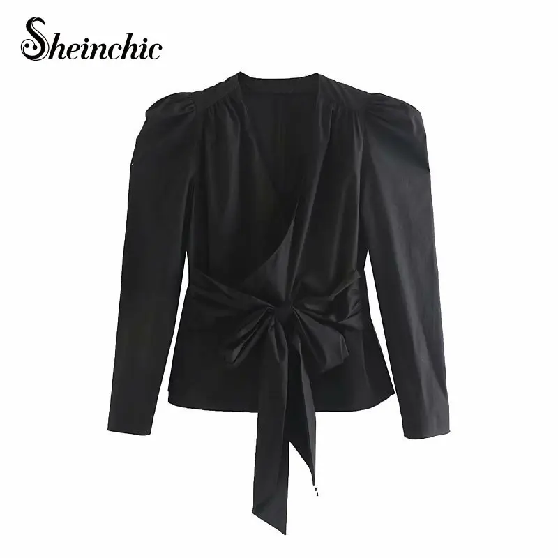 

Sheinchic Womens 2021 Fashion New Cropped Blouses Vintage Long Sleeve Crossover Female Shirts Blusas Chic Tops