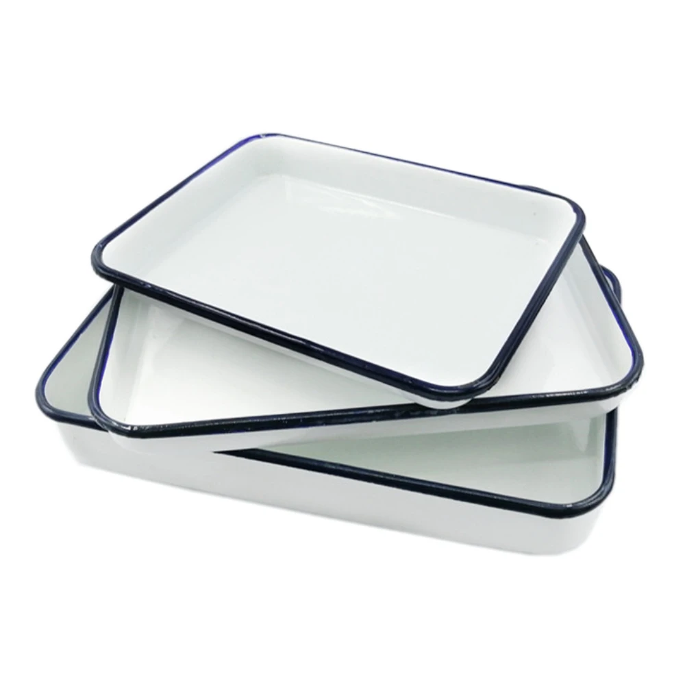 1PCS Handcrafted Vintage Tray White Enamel Home Cake Oven Baking Tray Square Retro Plates