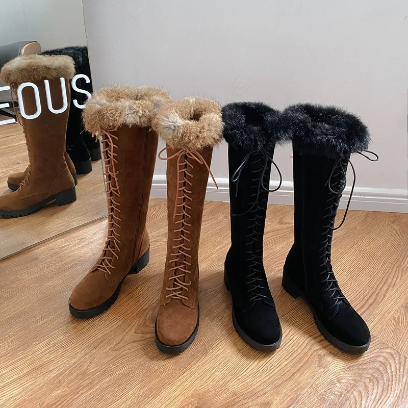 Женские замшевые сапоги на платформе теплые высокие до колена с меховой повязкой