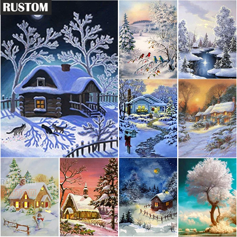 

RUSTOM 5D DIY Diamond Painting Snow Scene Diamond Embroidery Cross Stitch Scenery Full Square Round Drill Crafts Art Gift Home D