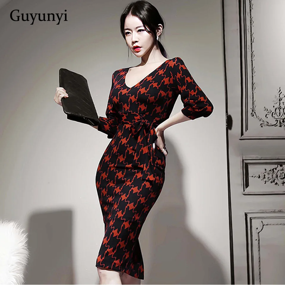 

Geometric Pattern Tight Office Dress Spring 2022 High Waist Pencil Dress 3/4 Puff Sleeves V-Neck Elegant Party Dress Women
