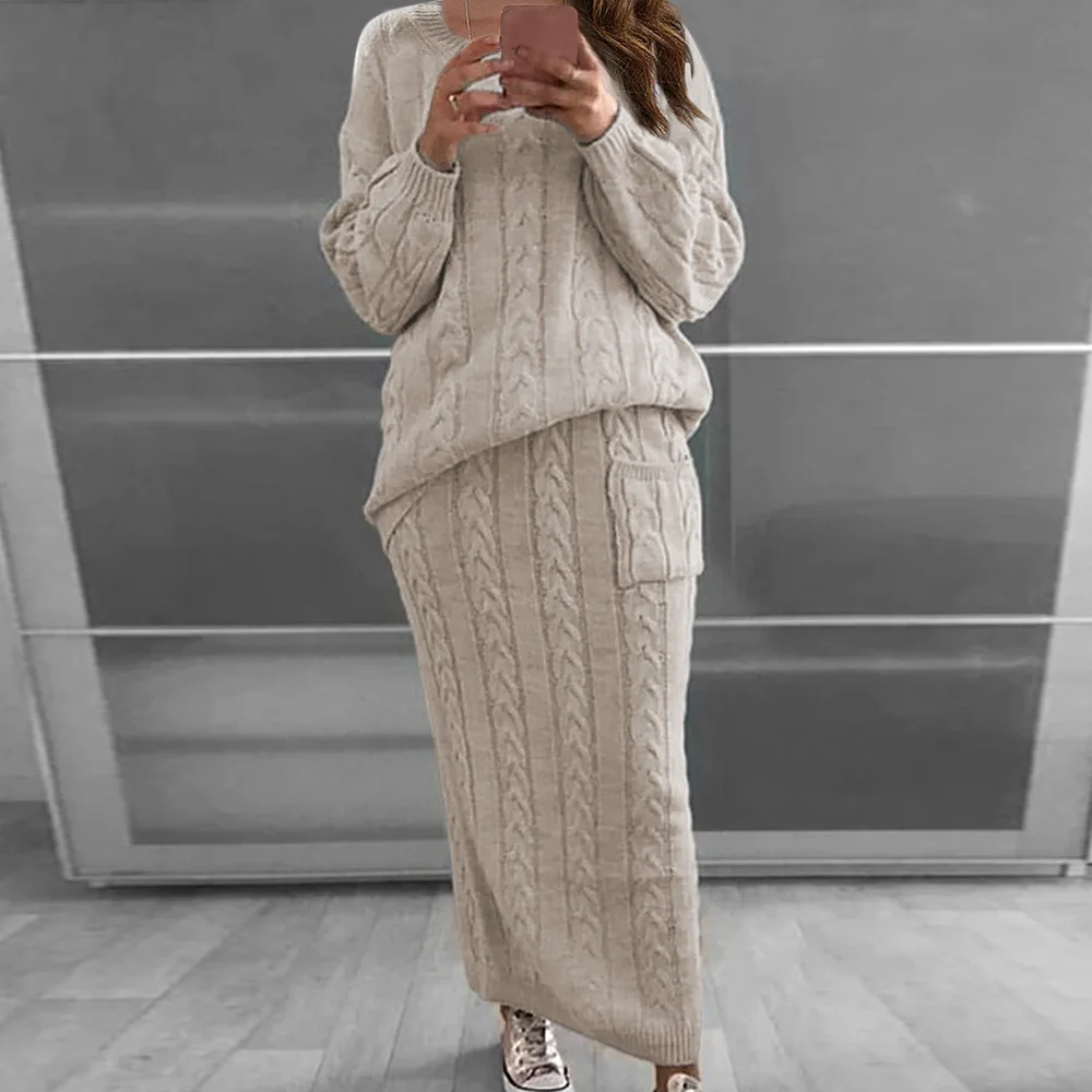 Winter Women Knitted 2 Pieces Set Casual Solid Color Long Sleeve Pullovers Sweater Top+Knitted Skirt