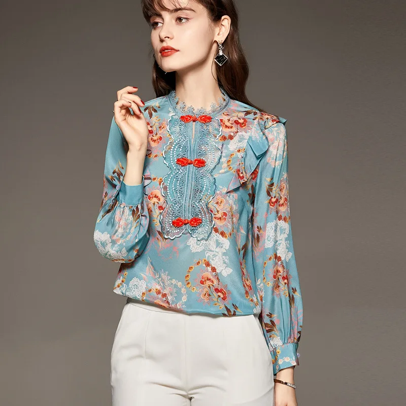 

2021 European and American Spring Women's Clothes New Buckle Ruffled Mulberry Silk Top Long Sleeve Western Style Shirt Women
