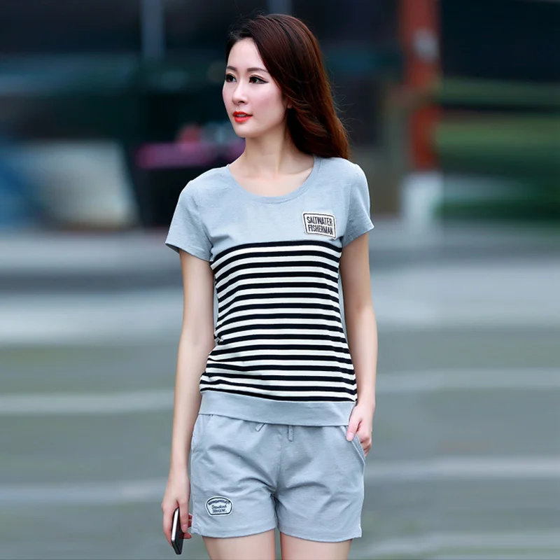 

Summer Womens Casual Two PCS Outfits Striped Short Sleeve T Shirt Top Shorts Matching Set with Drawstring Waist Tracksuit Female