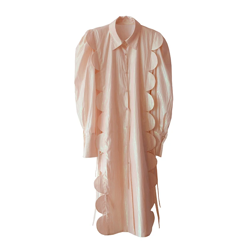 

DEAT Women Split Joint Long Irregular Big Size Dress New Lapel Long Sleeve Loose Ruffles Tide Spring Autumn 2021 1DA93711