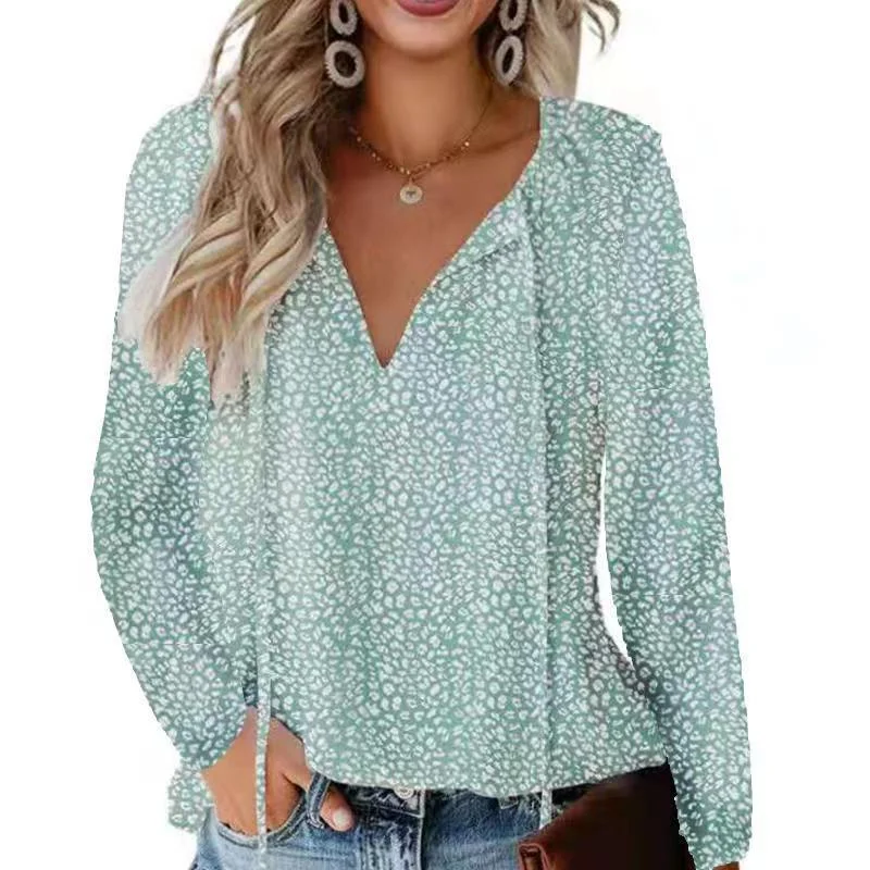 

Plus Size Women Fashion Loose Casual Floral print V neck long sleeve summer shirt tops blouses