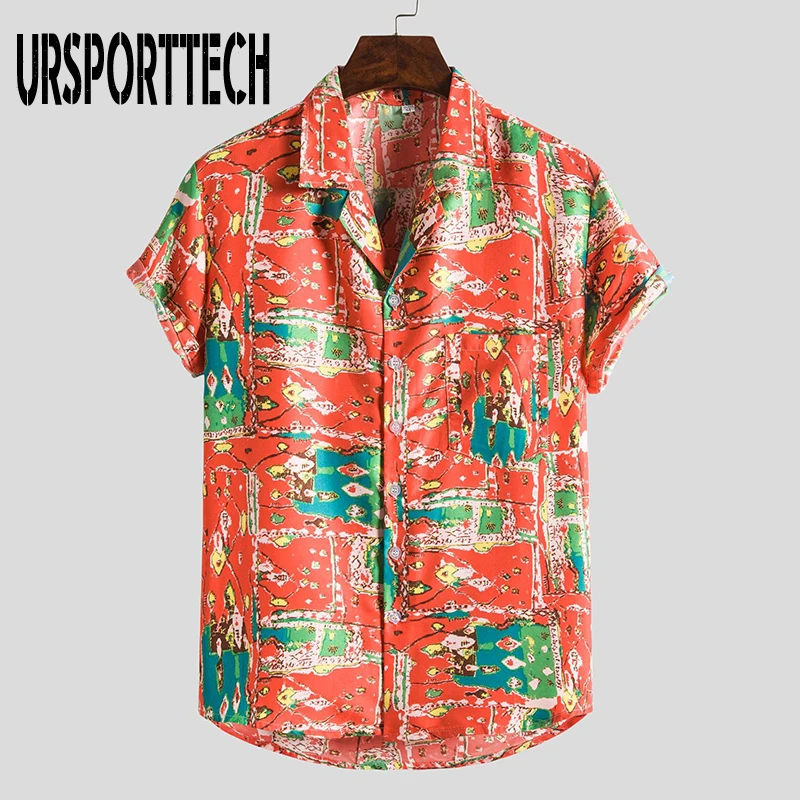 URSPORTTECH New Fashion Summer Men Shirt Short Sleeve Print Shirt Men Blouse Plus Size Shirt  Business Casual Slim Fit Clothing