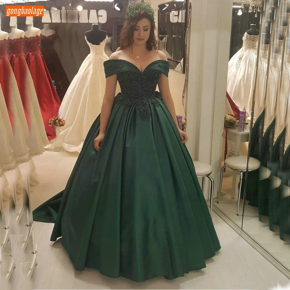 

Green Evening Gowns 2020 Lace Appliqued Beaded Satin Evening Dresses Long Vestidos De Fiesta De Noche Custom Made Formal Dress