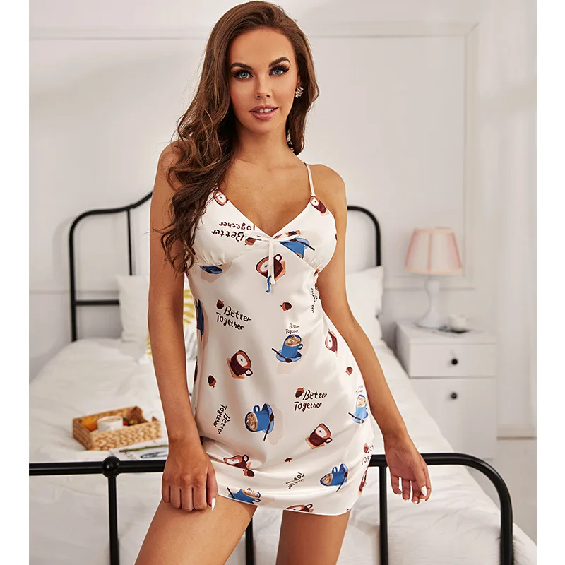 

Summer New Nightdress Solid Color Printing Suspender Dress Girl Sweet Home Sleepdress Sleepwear Sleeveless Camisones Para Dormir