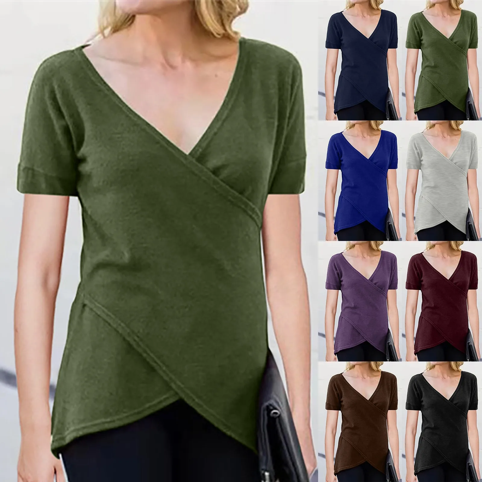 

Fashion Tshirts Women Sexy V-neck Fashion Asymmetric T-shirt Tops Solid Color t shirt women женские футболки