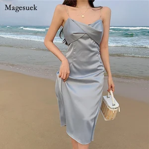 2021 Summer Fairy Sleeveless Long Dress Stain Casual Sexy Dresses V Neck Blue Apricot Party Dress Evening Clothing Robe 14572