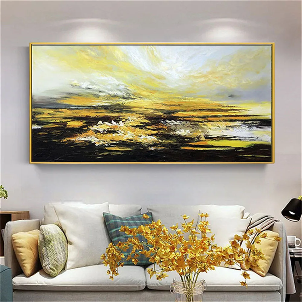 

modern 100%Hand-painted oil painting abstract landscape canvas painting Yellow halo sunrise picture for home living room decor