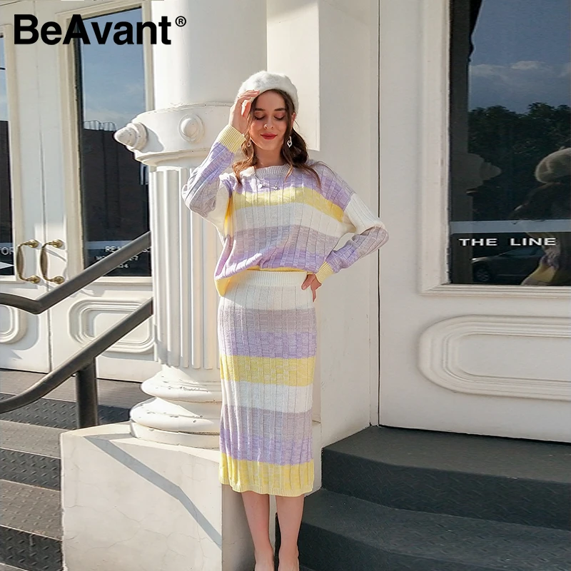 

BeAvant Elegant Color Contrast women sweater dress Crew neck long sleeve female Striped dress Autumn winter jumper women dress
