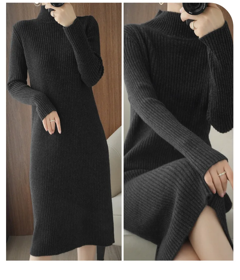

Autumn winter new thickened long woolen dress women's wool half high collar warm knitted dress Vintage Solid Regular
