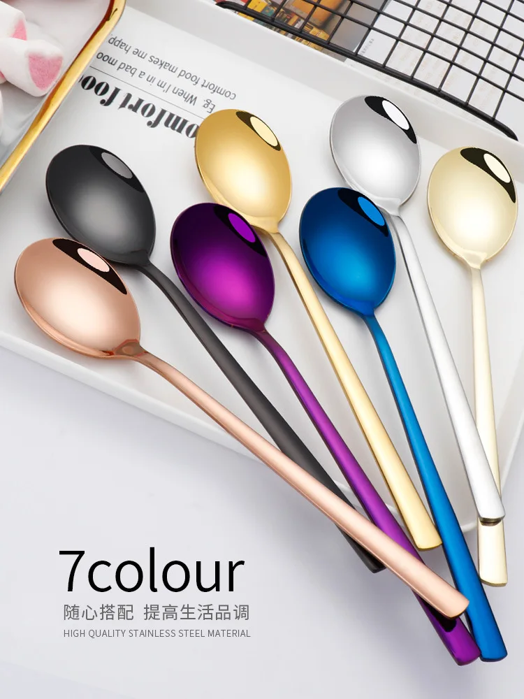 

Creative Stainless Steel Spoon Korean West Tableware Thickening Spoon Plating Color Dessert Long-handled Spoon Stir Coffee Spoon