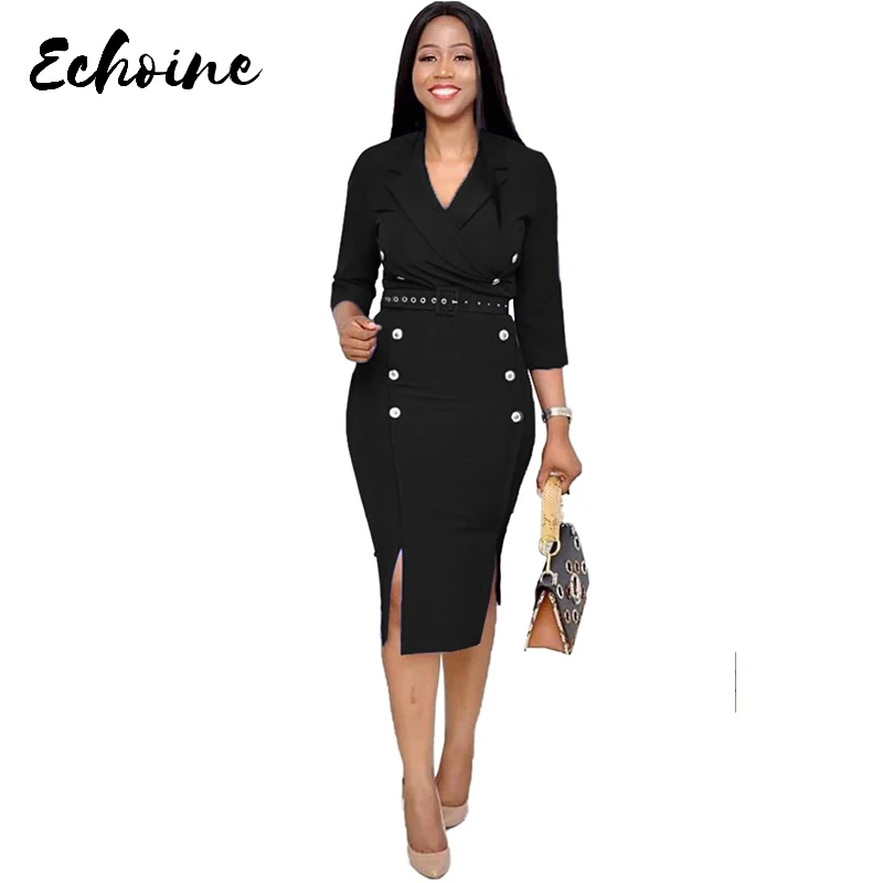 Женское офисное платье-карандаш с рукавом три четверти и отложным воротником |