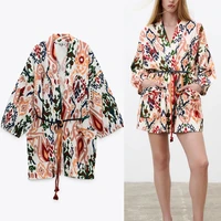za 2021 print tied kimono blouse women long sleeve vintage beach kimono fashion front patch pockets female elegant loose blouses