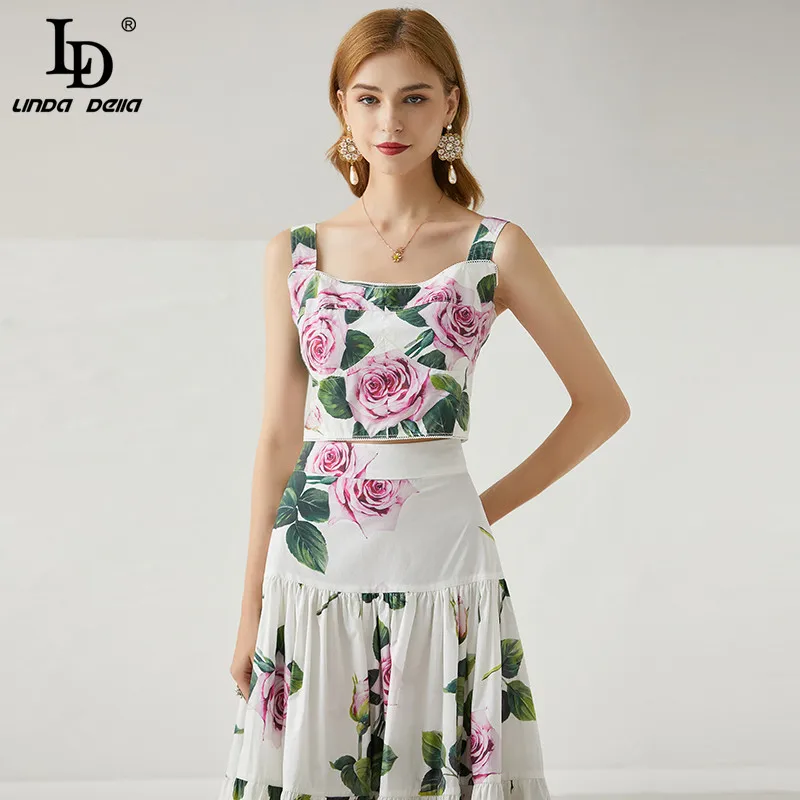 LD LINDA DELLA Summer Fashion Sets Women's High quality Cotton Print Midi Skirts