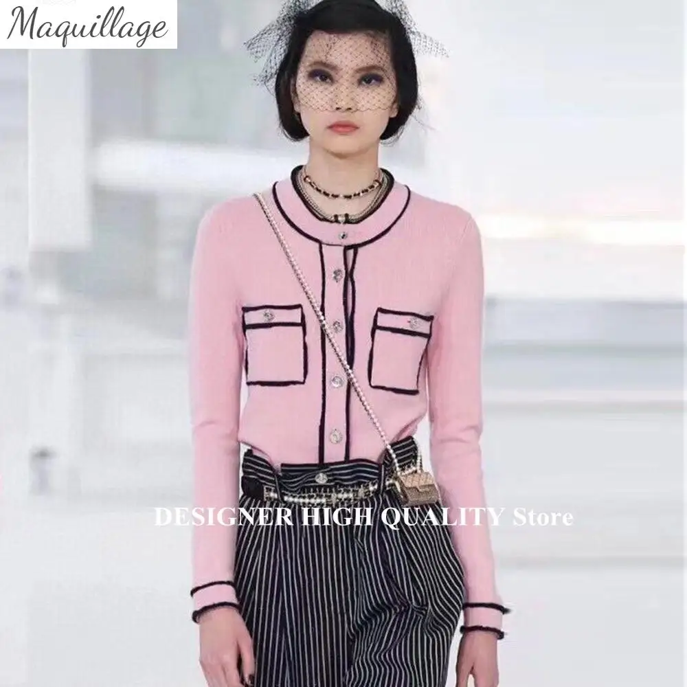 

Fashion Pink Stripes Patchwork 100% Wool Sweet Cardigans For Women Runway Design 5 Letter Single Breasted O-neck Knit Sweater