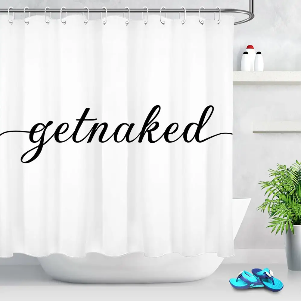 

Get Naked Black Words White Shower Curtains Bathroom Decorations Waterproof Shower Curtain with Hooks Polyester Fabric Washable