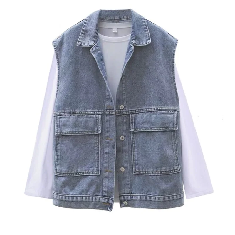 

Spring Autumn Vintage Denim Vest Jacket Women Streetwear Casual Tooling Female Waistcoat Loose Large size 4XL Sleeveless Outwear