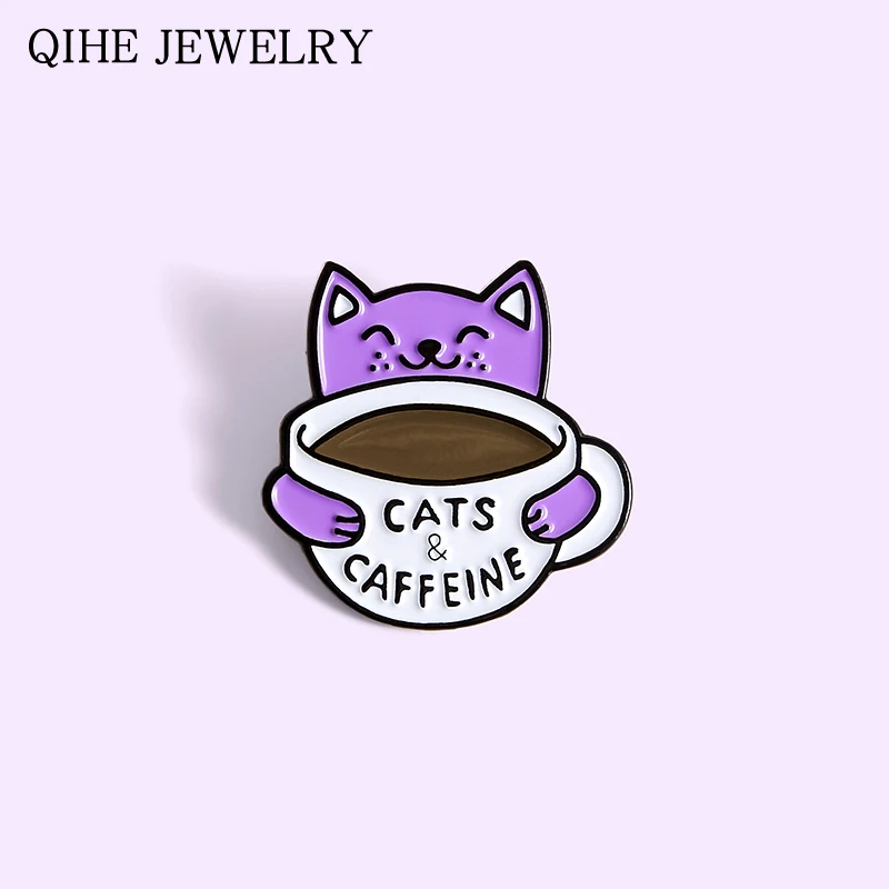 Эмалированная булавка для кофейной чашки в форме фиолетового кота животного