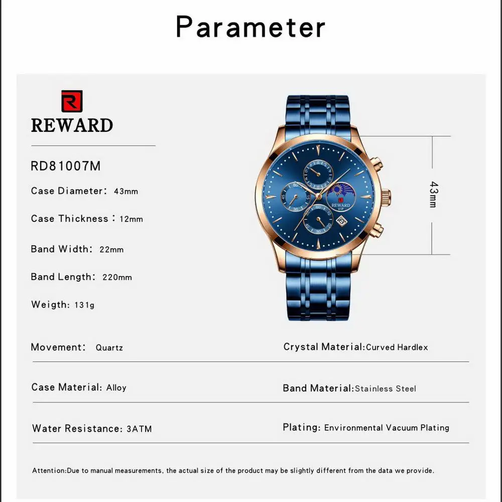 

REWARD 2020 Men Quartz Watches Moon Phase Calendar Fashion Blue Stainless Steel Band Rose Gold Case Business Watch Montre Homme