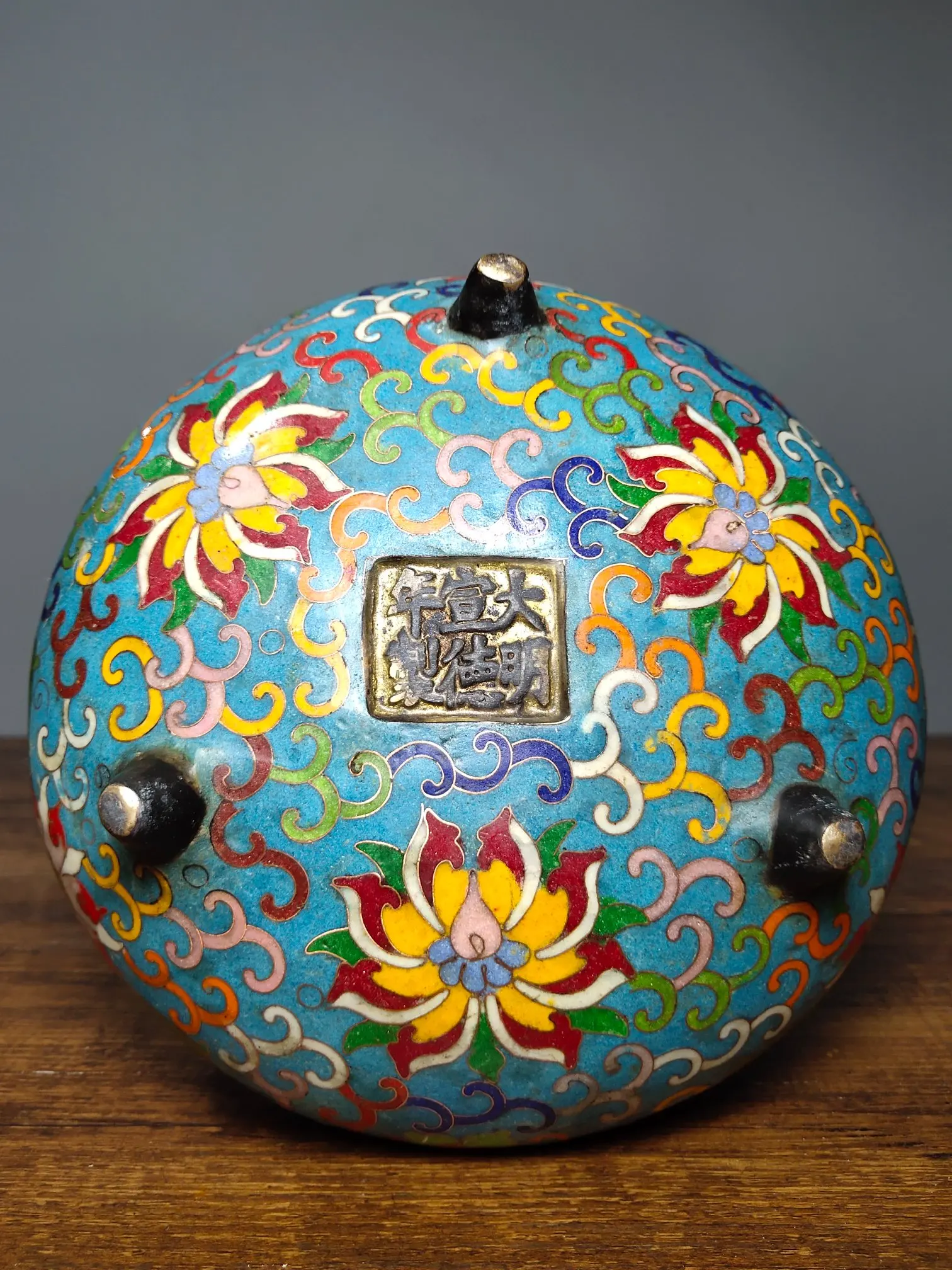 

Home Decor 8" Tibet Buddhism Old bronze Cloisonne Enamel Three-legged double bridge ear incense burner Lotus incense burner