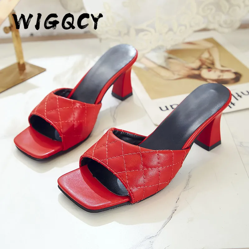 

Sexy PU Diamond Slipper Summer Shoes Square Head High Heels Fashion Slip on Square Heels Slides Women Peep Toe Mules Party Shoes