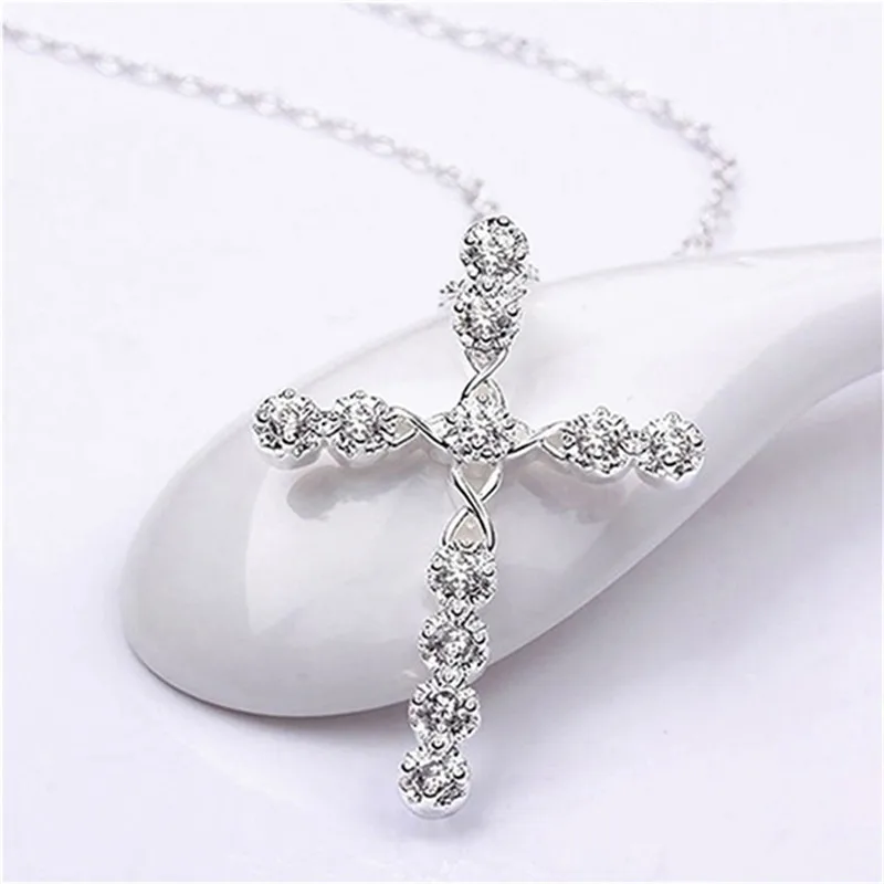 

Hot Silver Color Wedding Charms Women Lady Noble Crystal Necklace Fashion Jewelry Classic Cross Gift For Men/Women