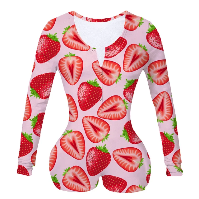 

Women Custom Made Strawberry Tingz Sublimation Print Summer Long Sleeves Onesie