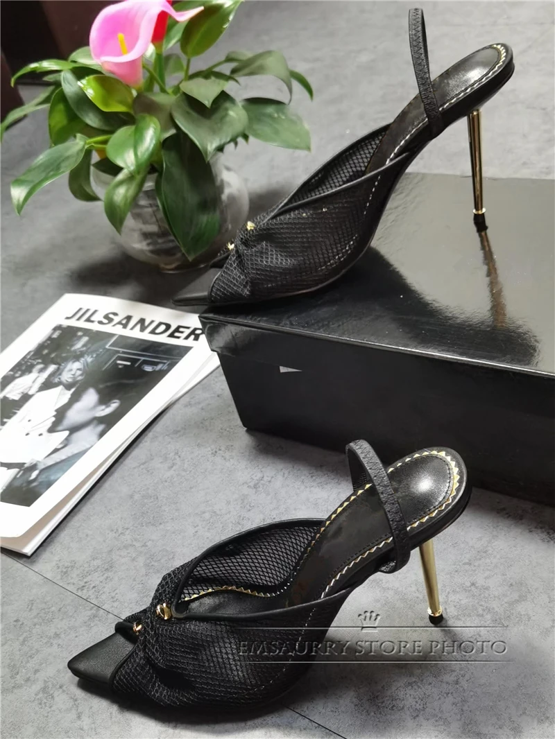 

Sexy Air Mesh Peep Toe Gladiator Sandals Women Metal Thin High Heels Back Strap Summer Runway Shoes Woman Zapatos Mujer