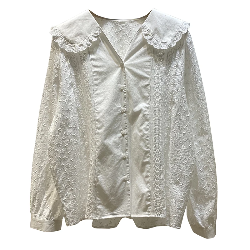 

2021 Spring Clothing Korean Style Embroidered White Shirt Women's Lace Large Lapel Doll Shirt Loose Top