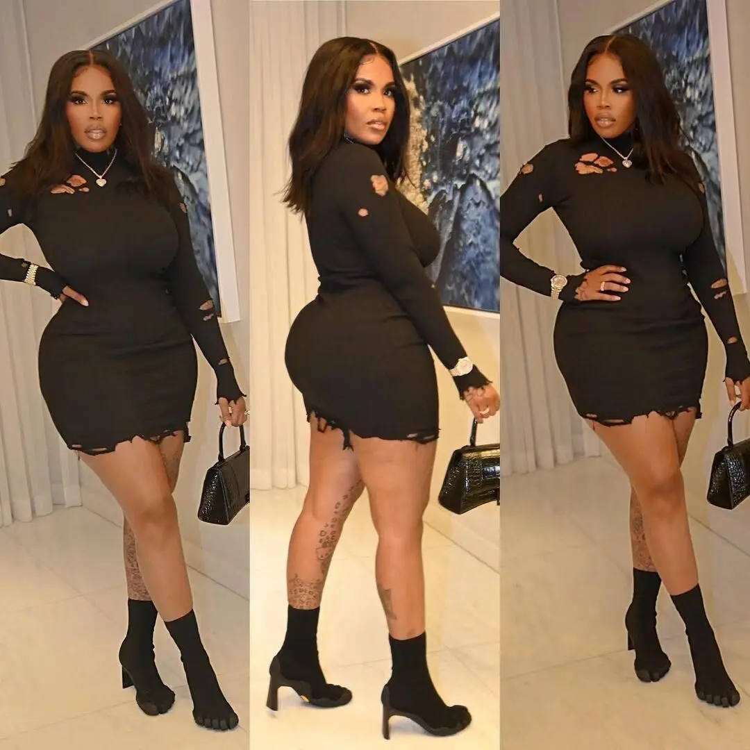 

2021 New Fashion Sexy Temperament Burnt Hollow Solid Color Hip Dress