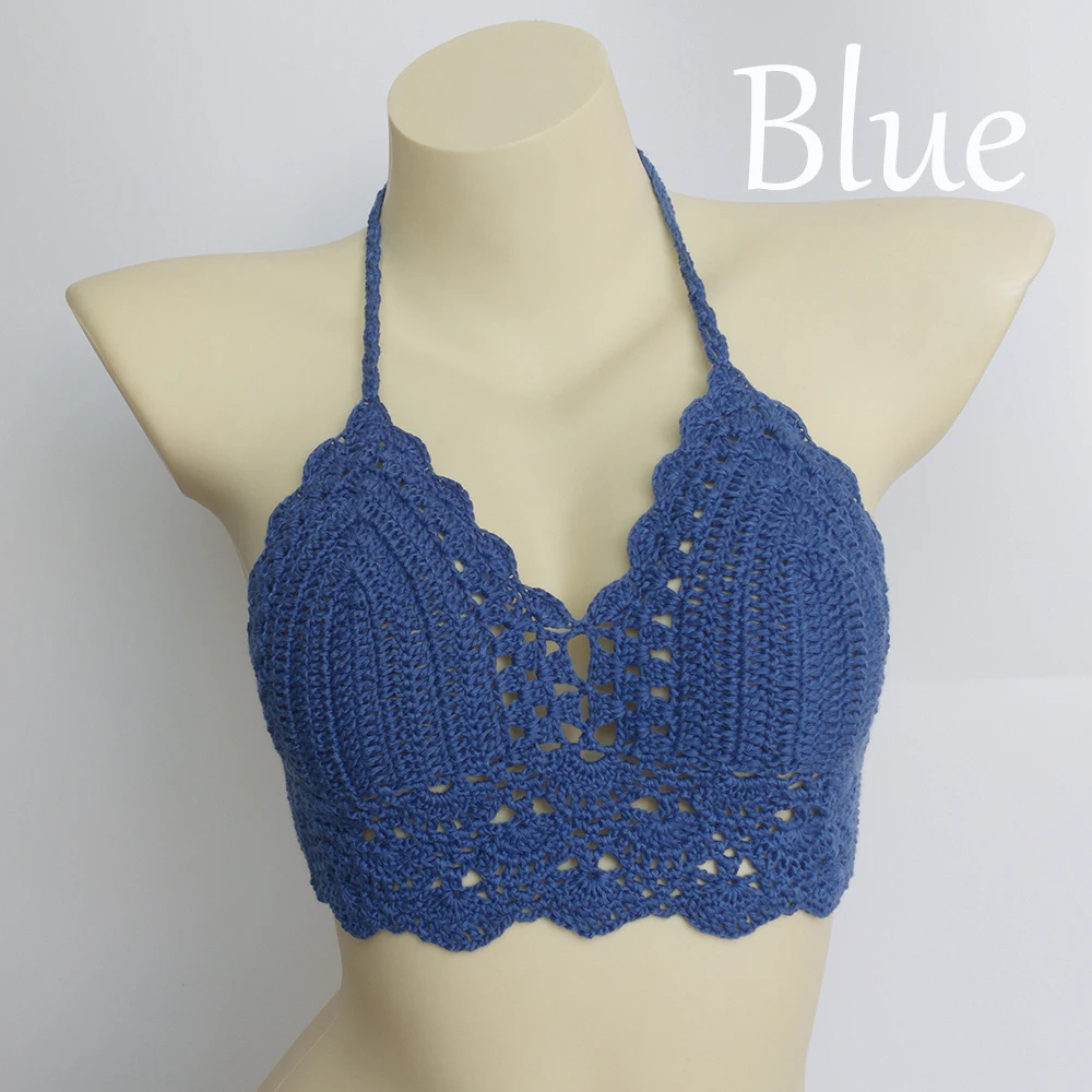 10 Colors Have Lining Womens Bikini Top Sexy Crochet Knit Separate Female Swimsuit Push Up Bra Beachwear Plus Size Bathing Suits - Цвет: blue top