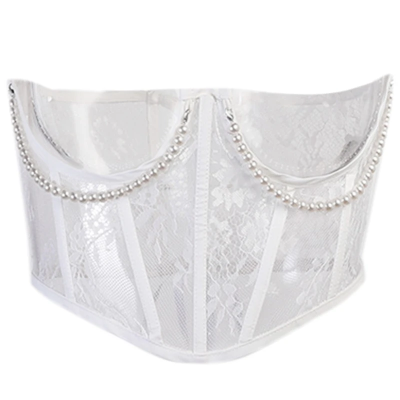 

Y166 Women Sexy Underbust Corset Crop Top Perspective Floral Lace Bustier Body Shaper Imitation Pearl Chain Gothic Wedding Party