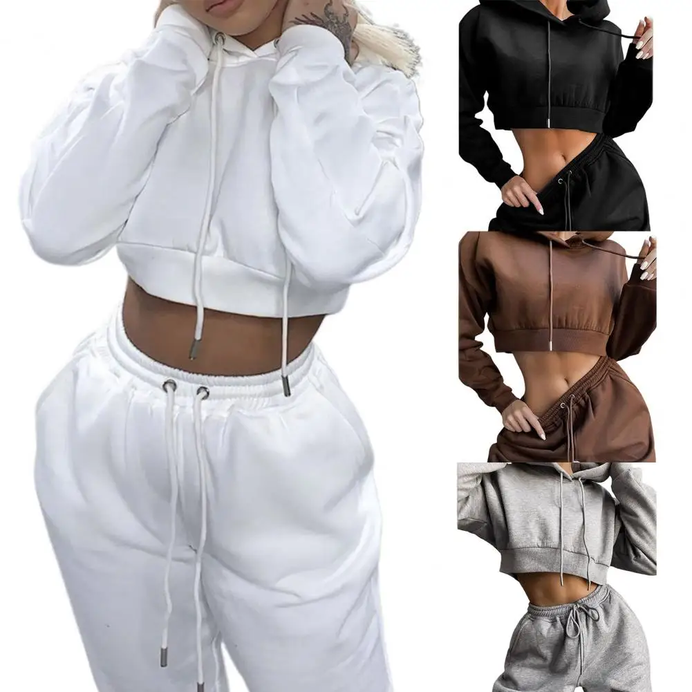 

Activewear 1 Set Casual Hooded Sweatshirt Drawstring Sweatpants Autumn Winter Sportswear Elastic Waist for Jogging