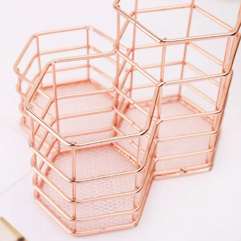 

Nordic Style Makeup Storage Box Hexagon Case Brush Pen Pencil Holder Desk Organizer Iron Storage Container